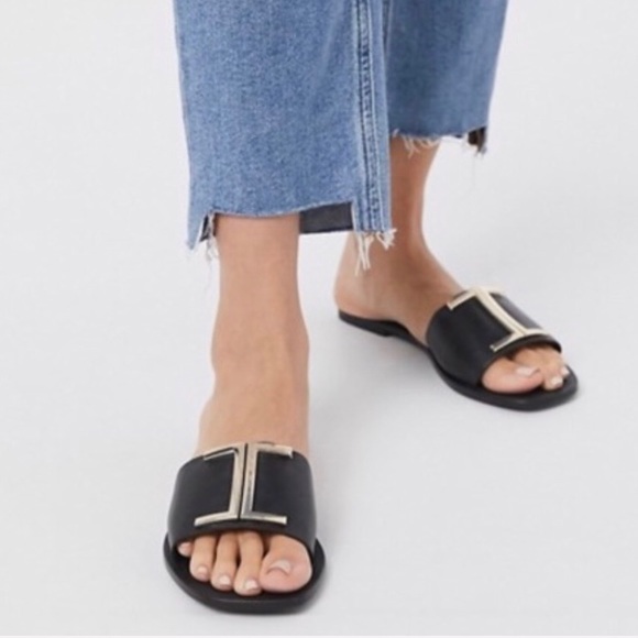 ASOS DESIGN Black Leather “Factor” Flat Slides UK size 6/US size 8 - Picture 1 of 14